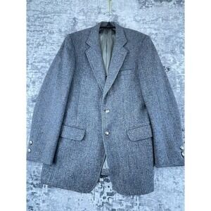 Vtg Fashion Bar Harris Tweed Mens‎ Blazer Blue Herringbone Wool Sport Coat USA